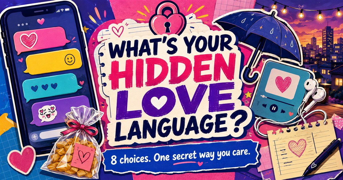 Colorful Hidden Love Language quiz poster with chat bubbles, hearts, music, snack, note, and umbrella