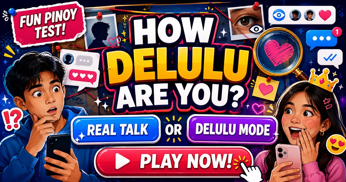 How Delulu Are You interactive game poster with Real Talk, Delulu Mode, and Play Now buttons