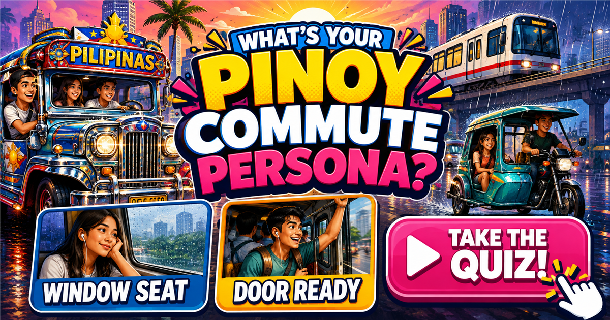 What’s Your Pinoy Commute Persona interactive game poster with two choices and a take the quiz button