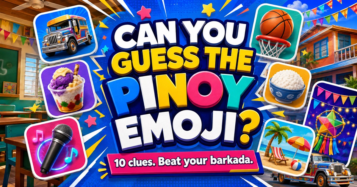 Colorful Pinoy Emoji Challenge poster with jeepney, halo-halo, videoke, basketball, rice, beach, and fiesta clues