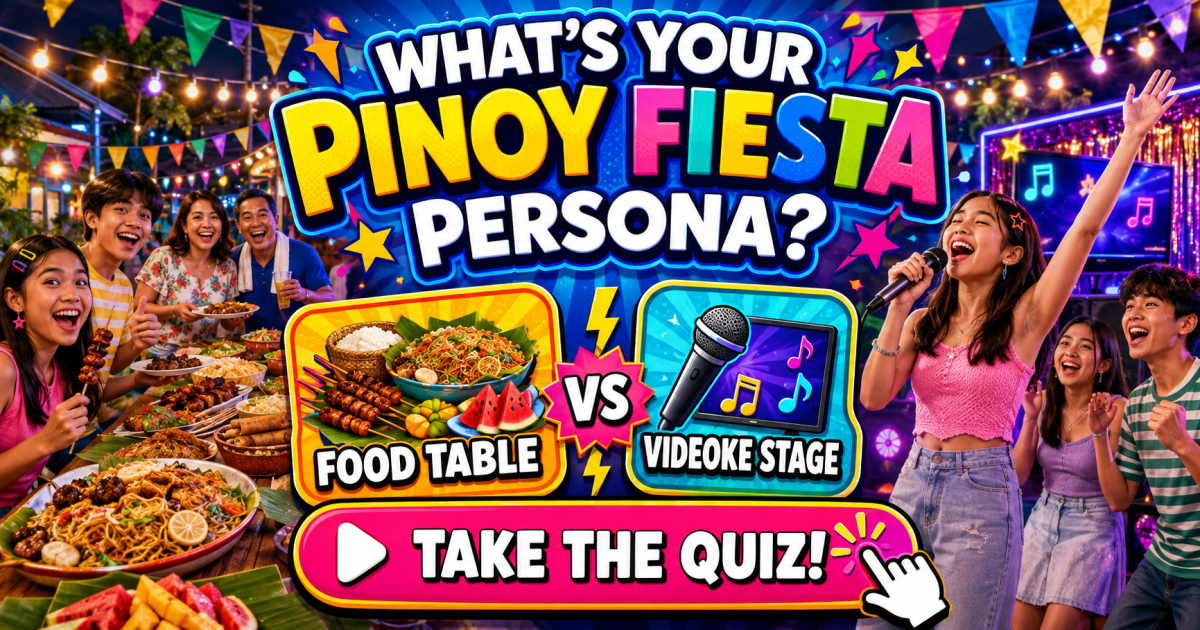 What’s Your Pinoy Fiesta Persona interactive game poster with two choices and a take the quiz button