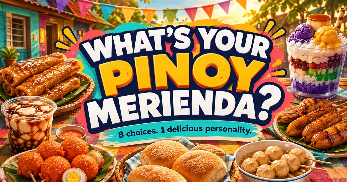 Colorful Filipino merienda including turon, taho, halo-halo, banana cue, kwek-kwek, pandesal, and fishballs