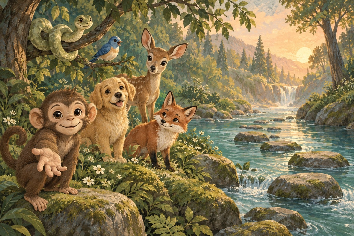 Six gentle animal companions waiting by a woodland river