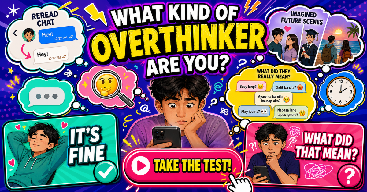 What Kind of Overthinker Are You interactive game poster with two choices and a take the quiz button